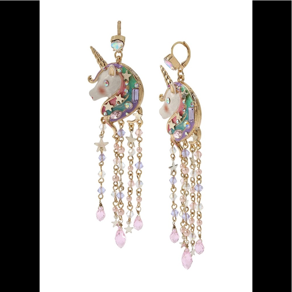 NWT Betsey Johnson Unicorn Fringe Chandelier Earrings